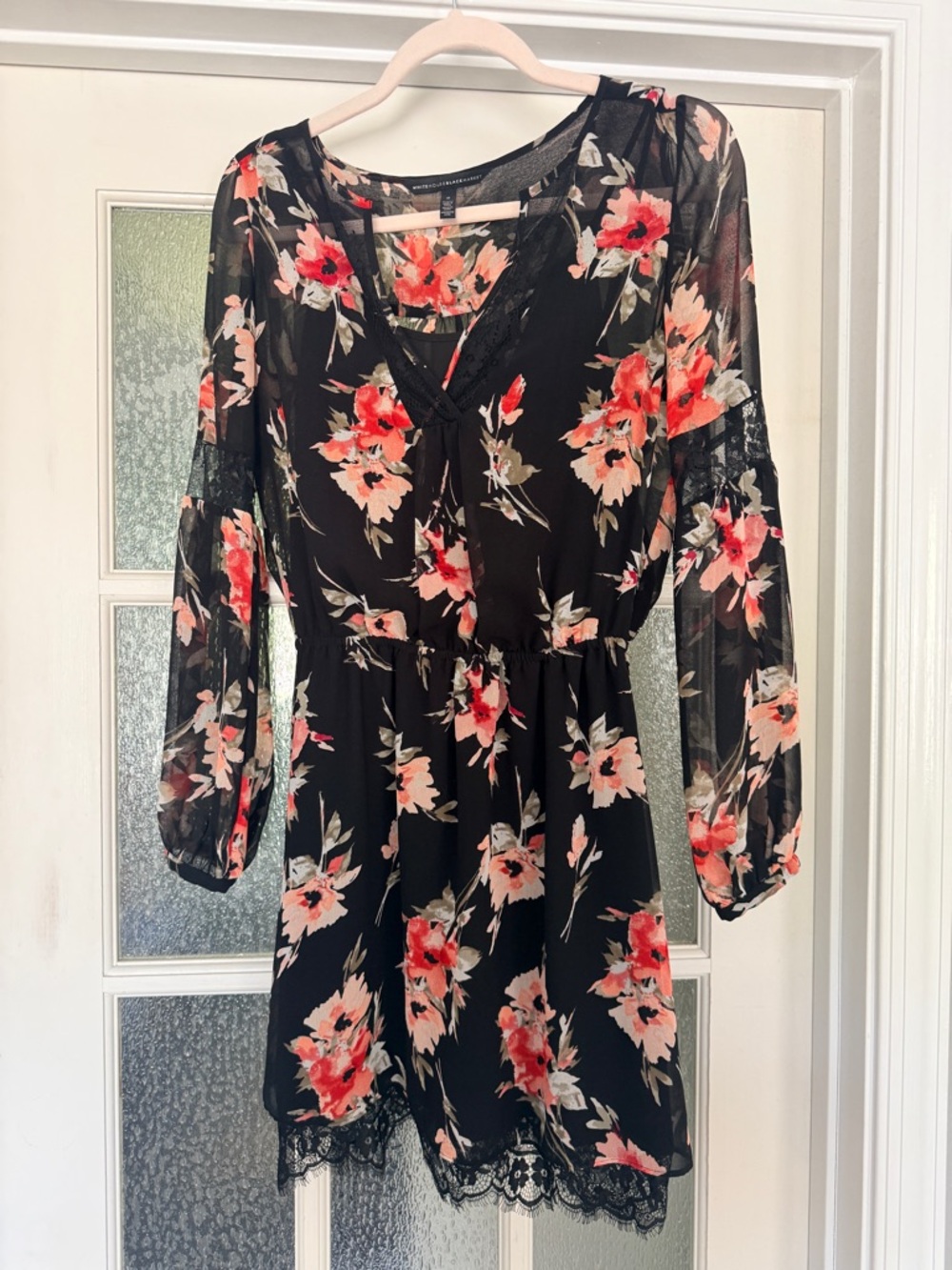 White House Black Market Black Floral Lace-Hem Long Sleeve Dress